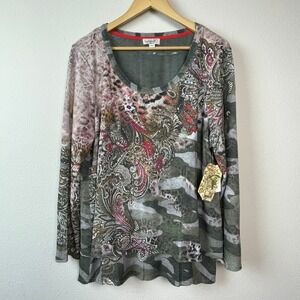 One World Mixed Print Top Womens 3X Green Camo Paisley Leopard New w/ Flaw Boho